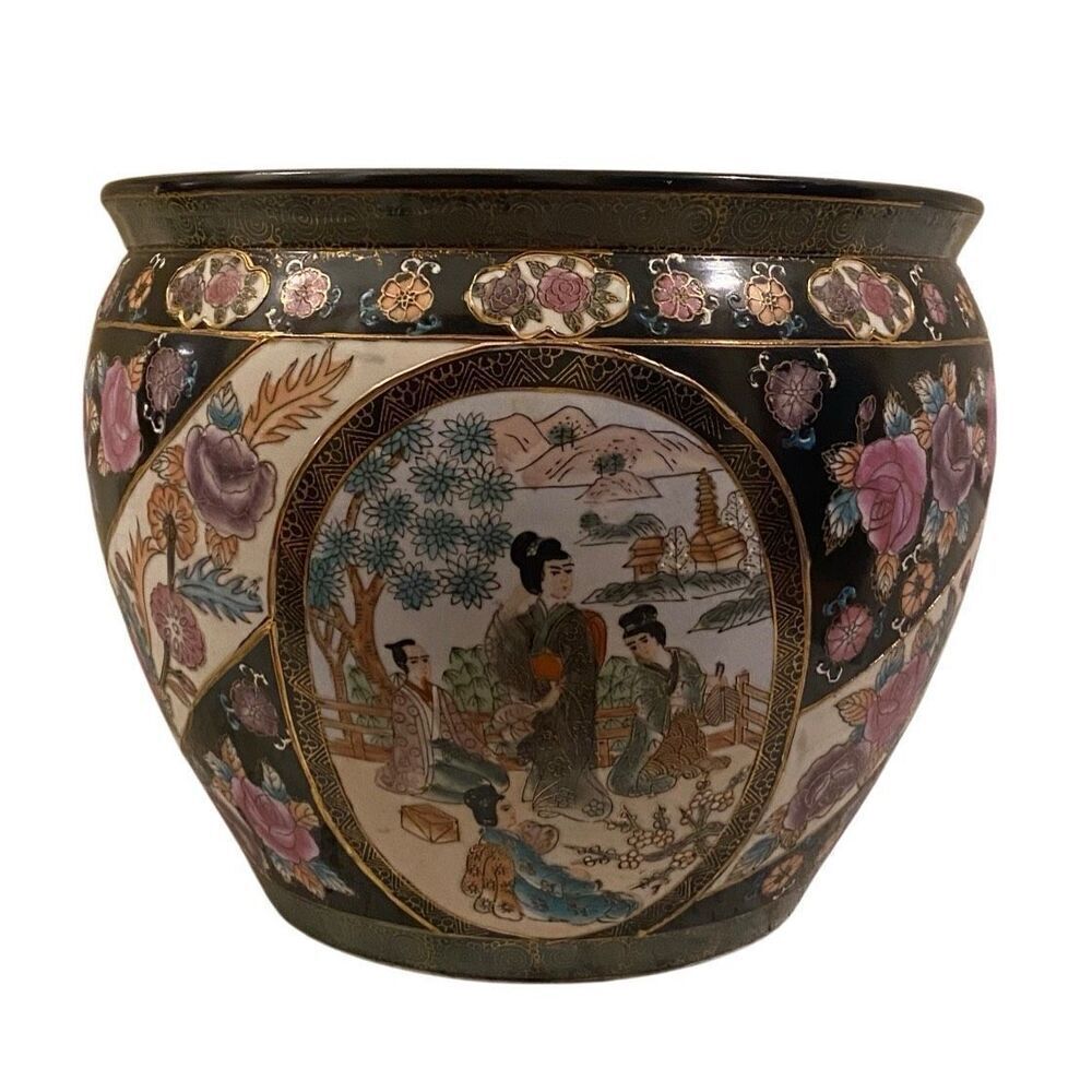 VintageMandarin Family Porcelain Fishbowl Planter Chinese Vase Hand Painted